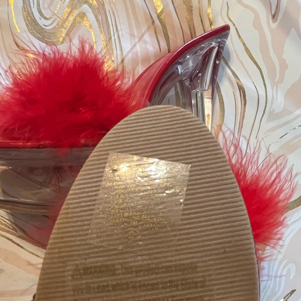 Fuzzy Red Clear Slide On Stiletto Heel Round Open… - image 4